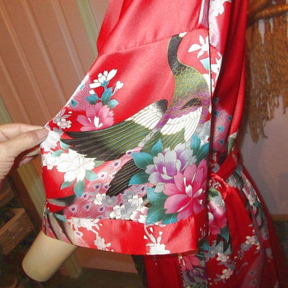 Vtg Silk Kimono Robe One Size Asian Smoking Jacket Dressing Gown Exotic Floral - Picture 5 of 8